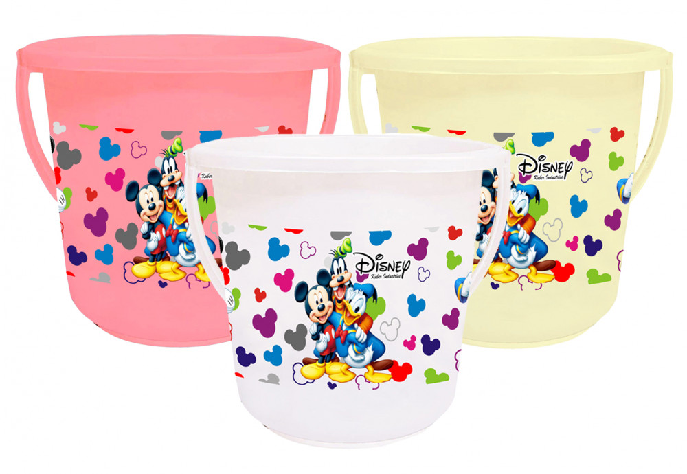 Kuber Industries Disney Team Mickey Print Unbreakable Virgin Plastic Strong Bathroom Bucket ,16 LTR (Pink &amp; Cream &amp; White)-Pack of 3 -HS_35_KUBMART17431