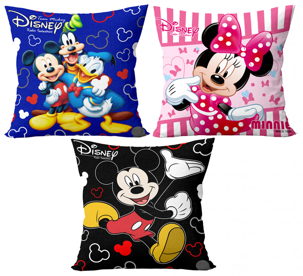 Kuber Industries Disney Team Minnie Mickey Print Silk Special long Crush Cushion Covers (16&quot;x16&quot;) Set of 3, Royal Blue &amp; Pink &amp; Black