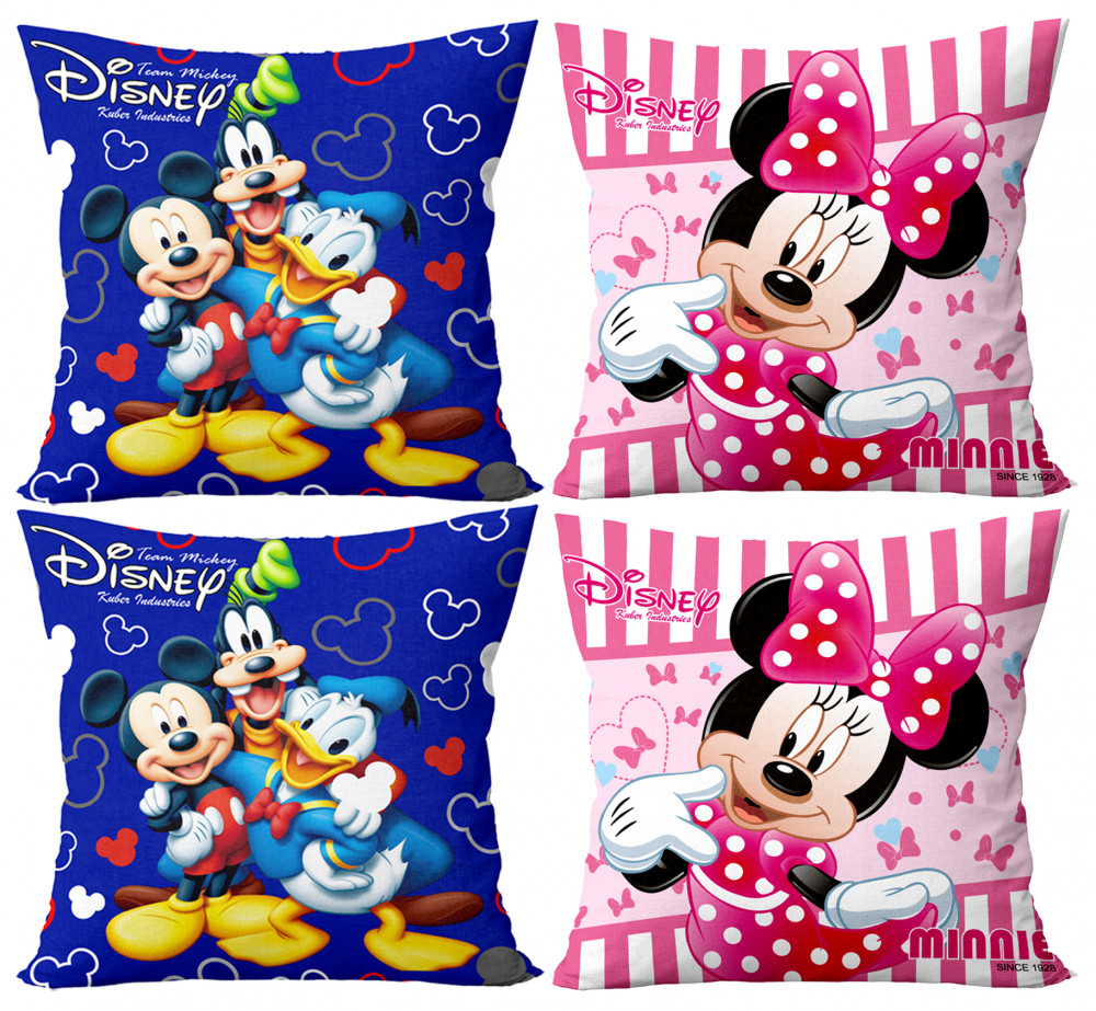 Kuber Industries Disney Team Minnie Mickey Print Silk Special long Crush Cushion Covers (16&quot;x16&quot;) Set of 4, Royal Blue &amp; Pink