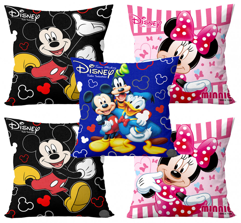 Kuber Industries Disney Team Minnie Mickey Print Silk Special long Crush Cushion Covers (16&quot;x16&quot;) Set of 5, Royal Blue &amp; Pink &amp; Black