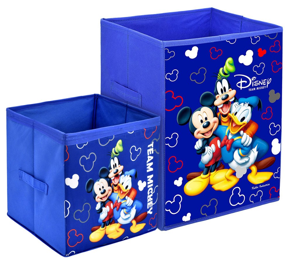 Kuber Industries Disney Team Minnie Print Non Woven Large Size Fabric Foldable Laundry Basket And Small Size Cube Toy,Books,Shoes Storage Box With Handle (Set Of 2, Blue)-KUBMRT11897