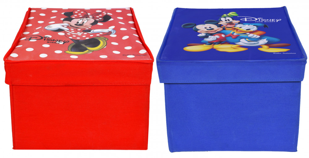 Kuber Industries Disney Tram Minnie Mickey Mouse Print Non Woven 2 Pieces Fabric Foldable Cloth Storage Wardrobe Organiser Box with Lid, Extra Large (Red &amp; Royal Blue)-KUBMART1736