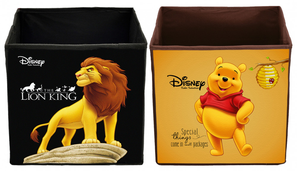 Kuber Industries Disney Winnie-The-Pooh &amp; Lion King Print Non Woven Fabric Foldable Large Size Storage Cube Toy,Books,Shoes Storage Box With Handle (Black &amp; Brown)