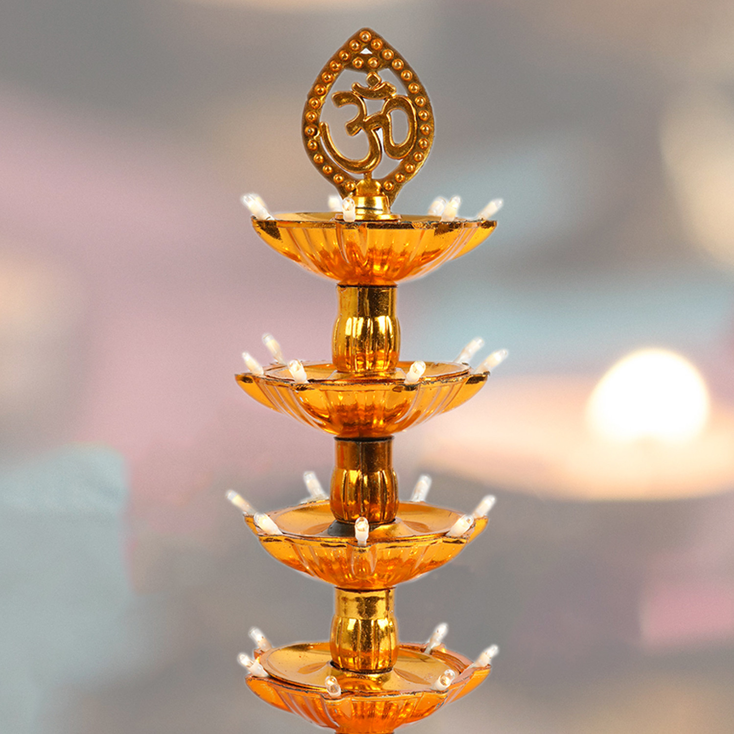 Kuber Industries Diwali Lights | Diwali String Light For Décor | Lights for Christmas | Lights for Navratri | Pooja Light For Diwali | Lights for Indoor | LED 4 Layer Diya Stand | Golden