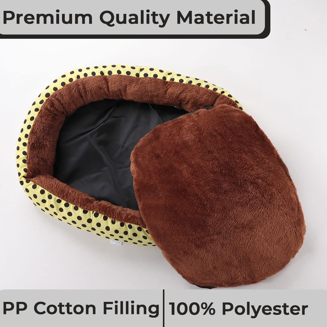 Kuber Industries Dog & Cat Bed|Soft Plush Top Pet Bed|Oxford Cloth Polyester Filling|Medium Washable Dog Bed|Circular Cat Bed with Rise-Edge Pillow|QY039YC-M|Yellow & Coffee