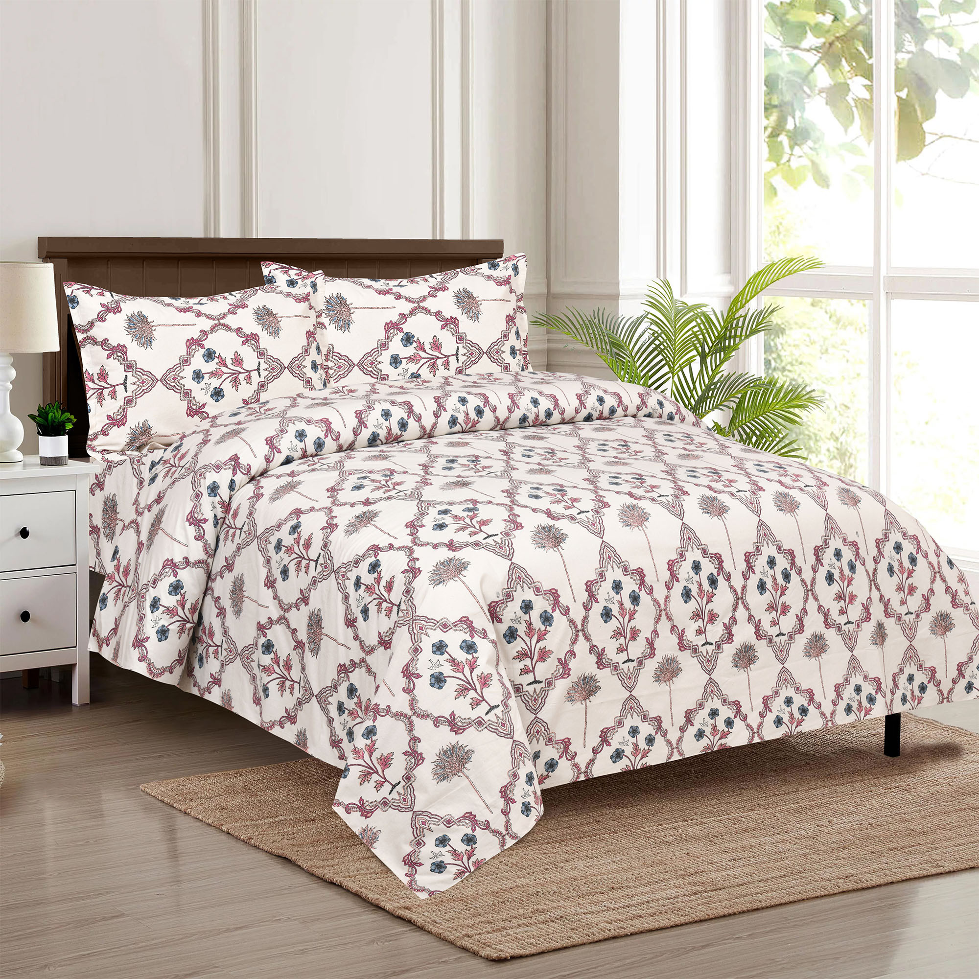 Kuber Industries Dohar Set | 1 Piece Double Bedsheet with 2 Pillow Cover & Dohar Combo Set | Bedsheet & AC Blanket Set for Bedroom | Comforter | Quilt | Pushpa Flower Star | Set of 4 | Pink