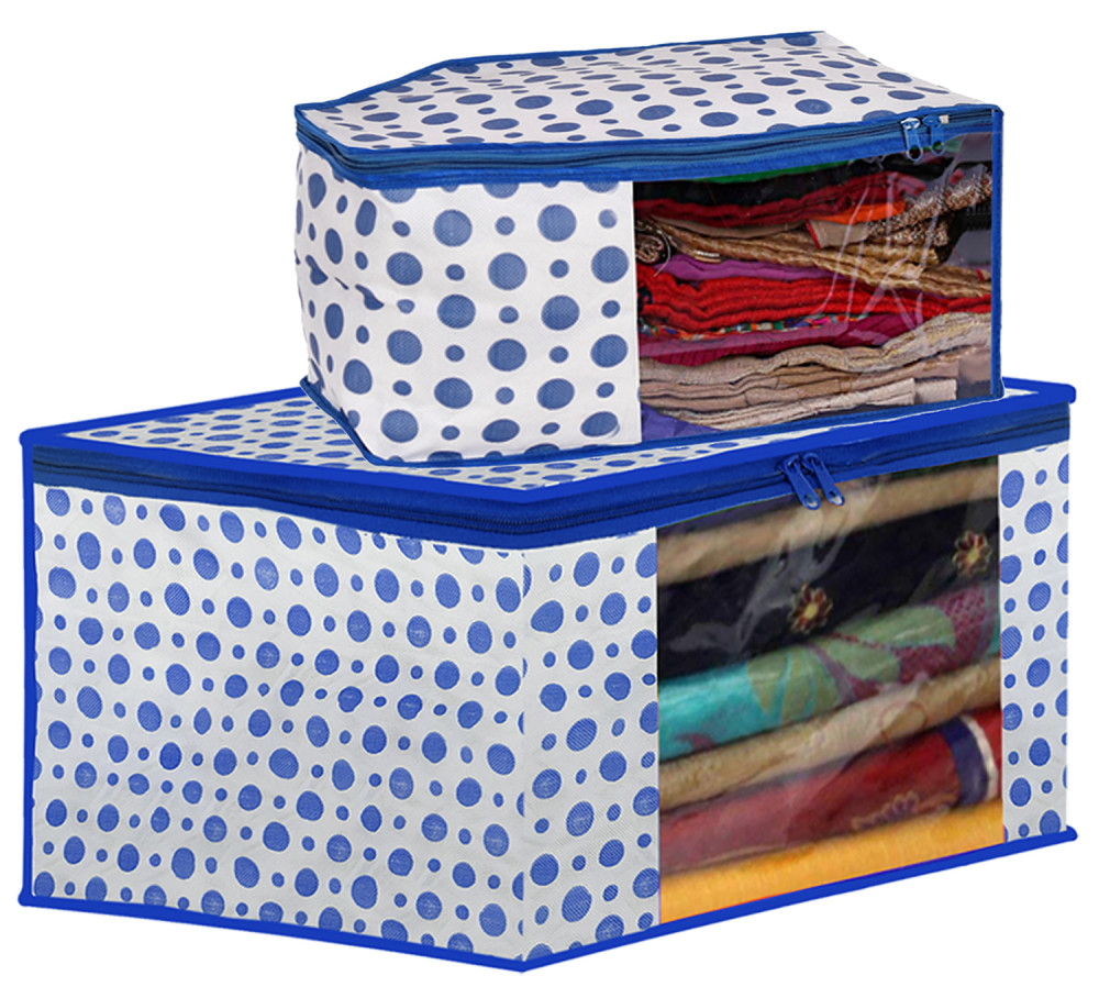 Kuber Industries Dot Printed Foldable, Lightweight Non-Woven Blouse &amp; Saree Cover/Organizer Set With Tranasparent Window-(Blue)-46KM0465