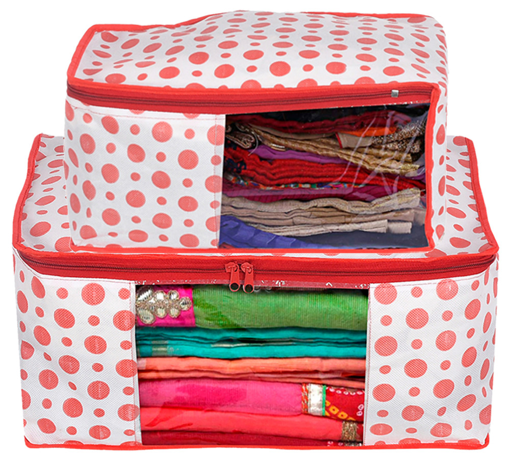 Kuber Industries Dot Printed Foldable, Lightweight Non-Woven Blouse &amp; Saree Cover/Organizer Set With Tranasparent Window-(Pink)-46KM0471