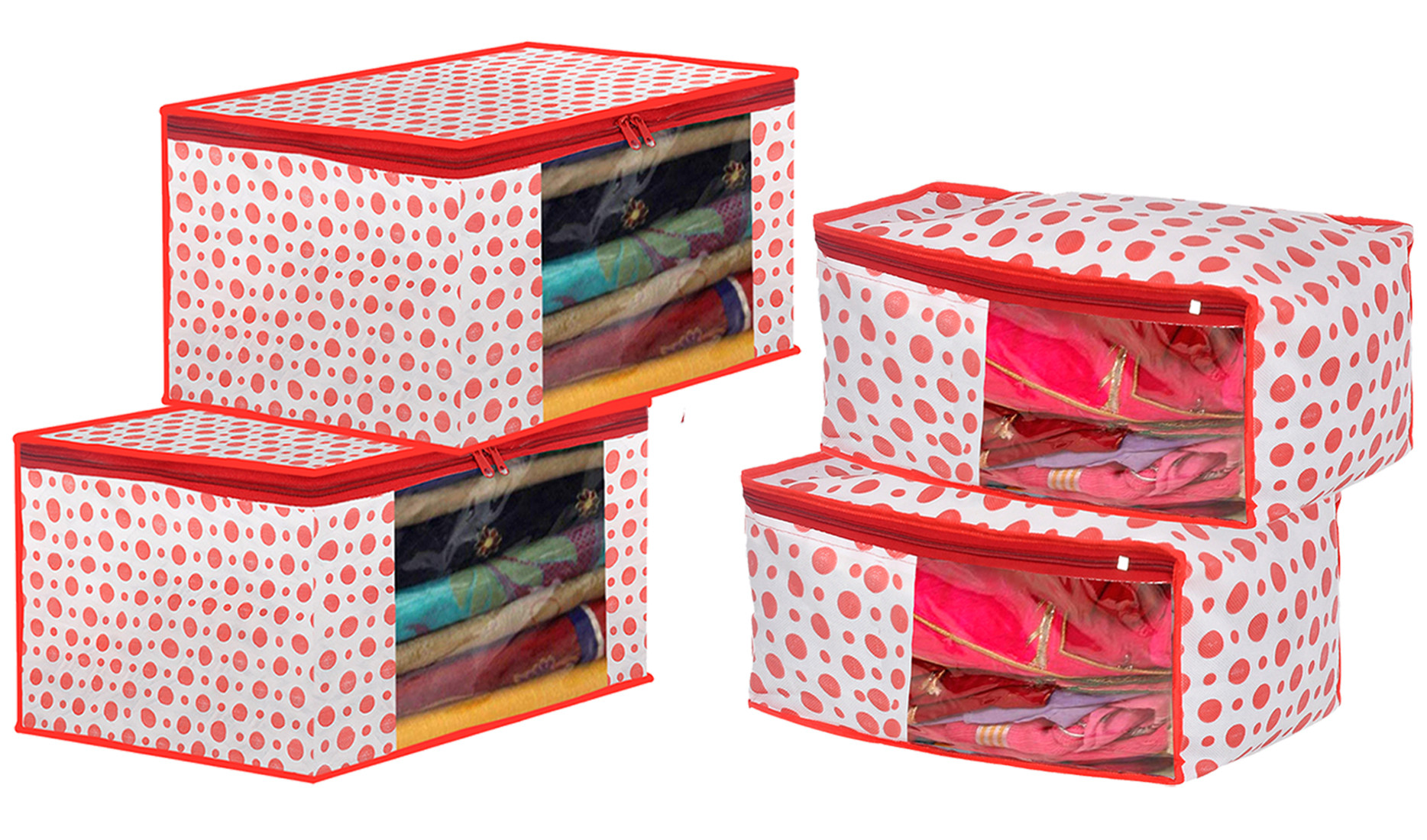 Kuber Industries Dot Printed Foldable, Lightweight Non-Woven Blouse & Saree Cover/Organizer Set With Tranasparent Window-(Pink)-46KM0471