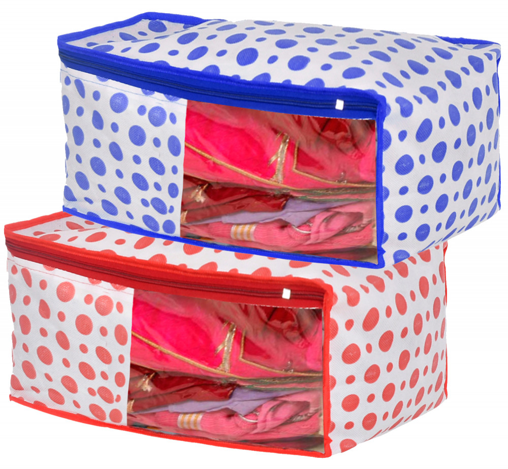 Kuber Industries Dot Printed Foldable, Lightweight Non-Woven Blouse Cover/Organizer With Tranasparent Window- (Blue &amp; Pink)-46KM0311