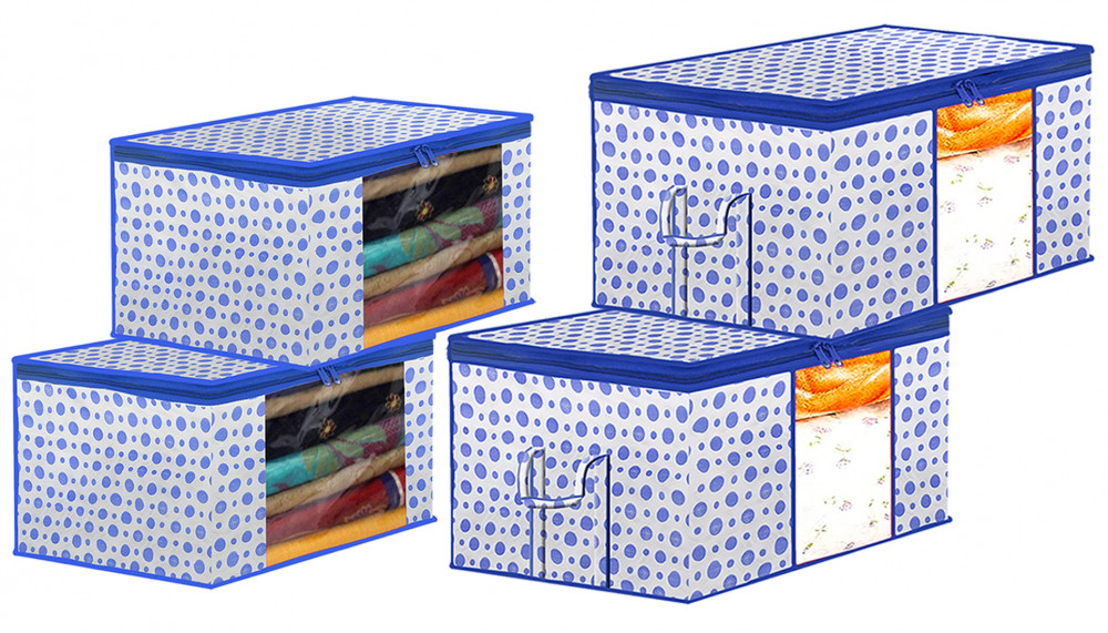 Kuber Industries Dot Printed Multiuses Non-Woven  Saree Cover &amp;  Underbed Storage Bag/Organizer Set With Tranasparent Window,(Blue)-46KM0617