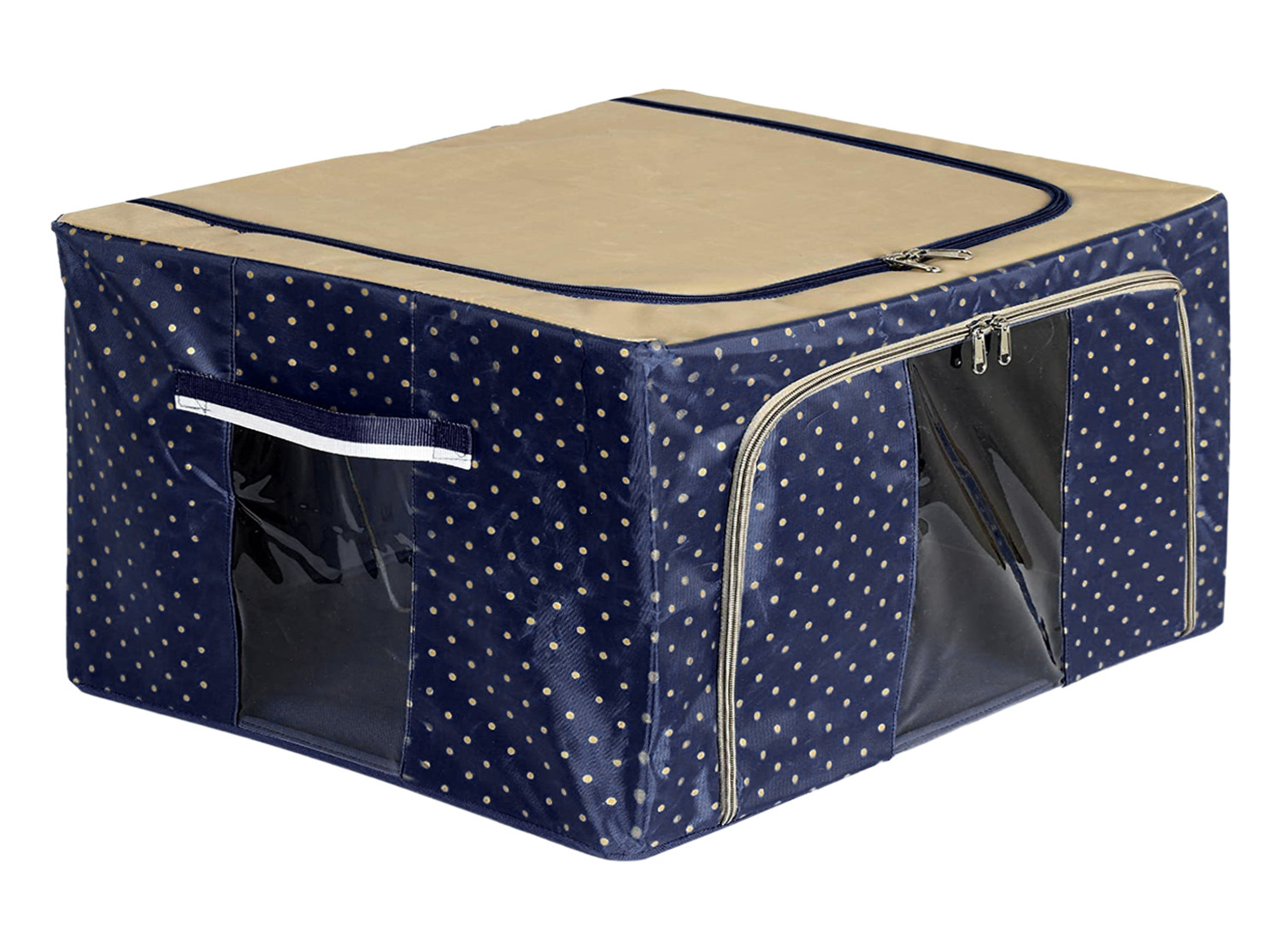 Kuber Industries Dot Printed Steel Frame Storage Box/Organizer For Clothing, Blankets, Bedding With Clear Window, 24Ltr. (Navy Blue & Brown)