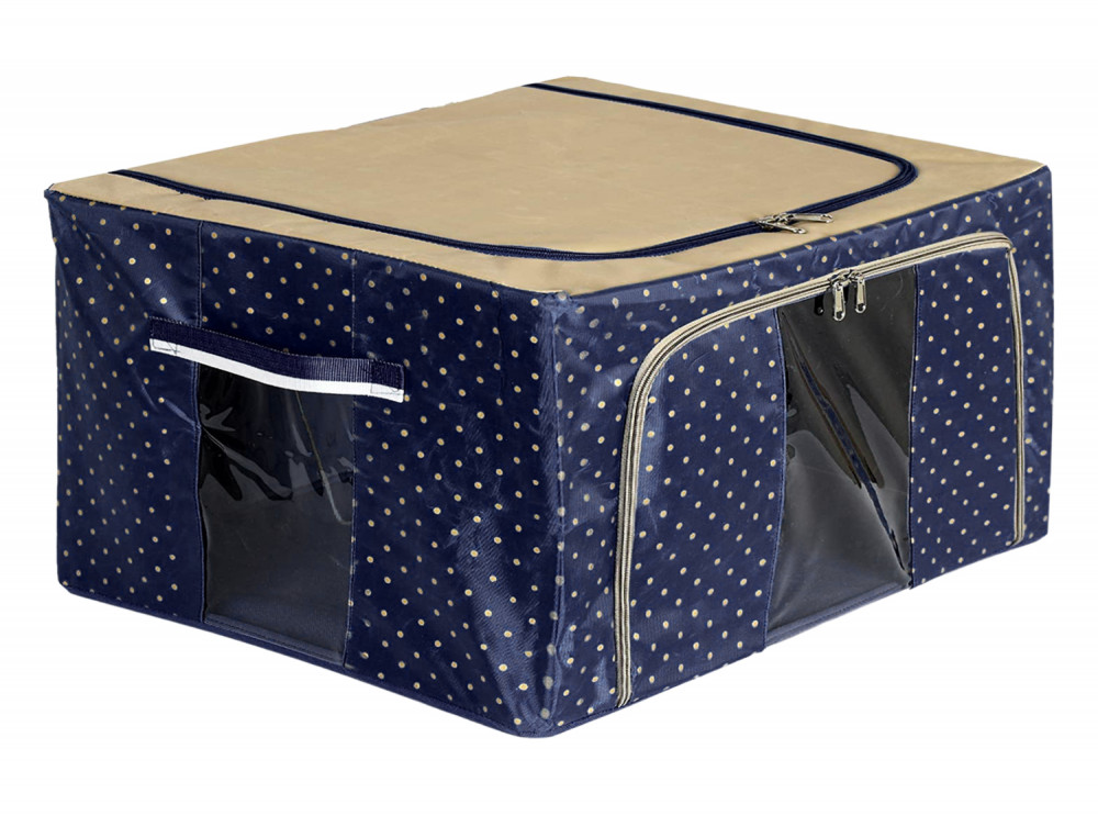 Kuber Industries Dot Printed Steel Frame Storage Box/Organizer For Clothing, Blankets, Bedding With Clear Window, 24Ltr. (Navy Blue &amp; Brown)