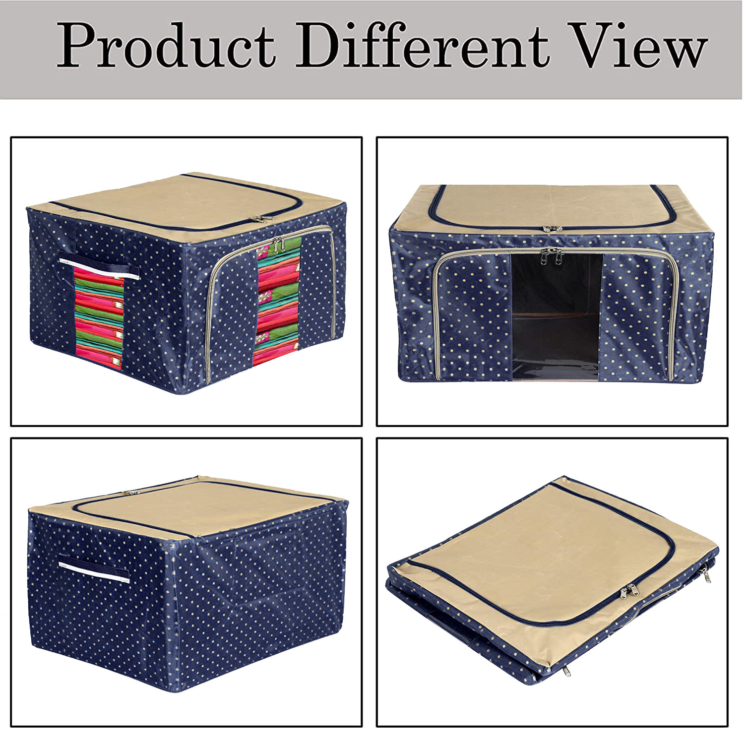 Kuber Industries Dot Printed Steel Frame Storage Box/Organizer For Clothing, Blankets, Bedding With Clear Window, 24Ltr. (Navy Blue & Brown)