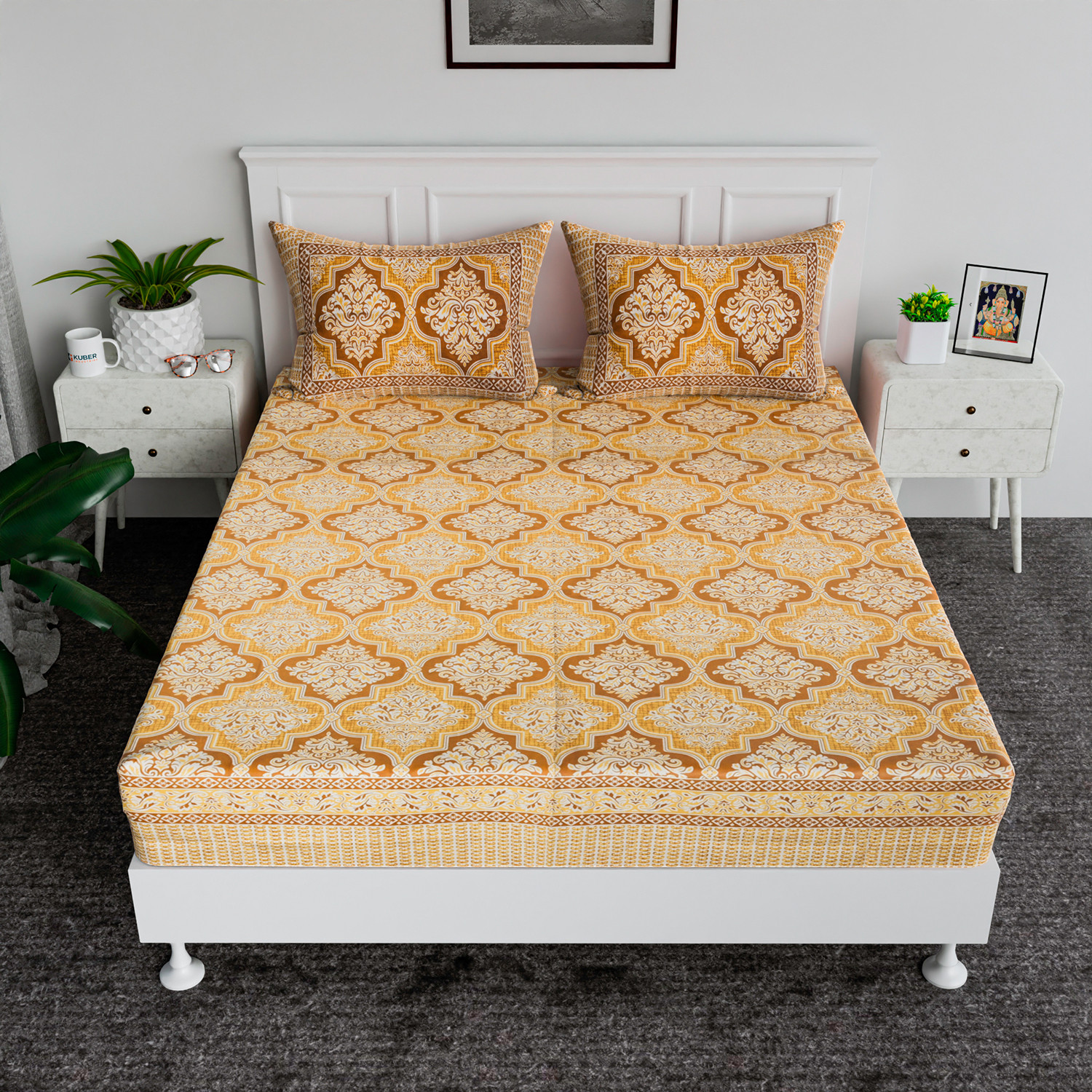 Kuber Industries Double Bedsheet | Premium Cotton Bedsheet with 2 Pillow Covers | Bedsheet for Bedroom | Bedsheet for Double Bed | Flower Heritage | 90x108 Inch | Brown
