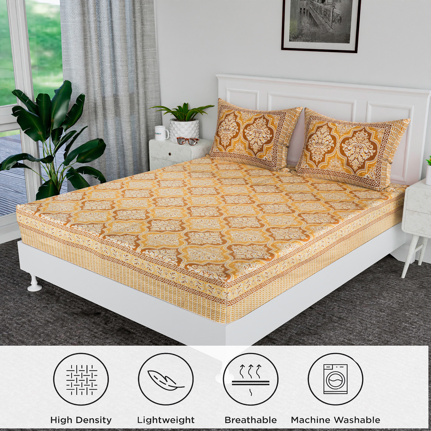 Kuber Industries Double Bedsheet | Premium Cotton Bedsheet with 2 Pillow Covers | Bedsheet for Bedroom | Bedsheet for Double Bed | Flower Heritage | 90x108 Inch | Brown