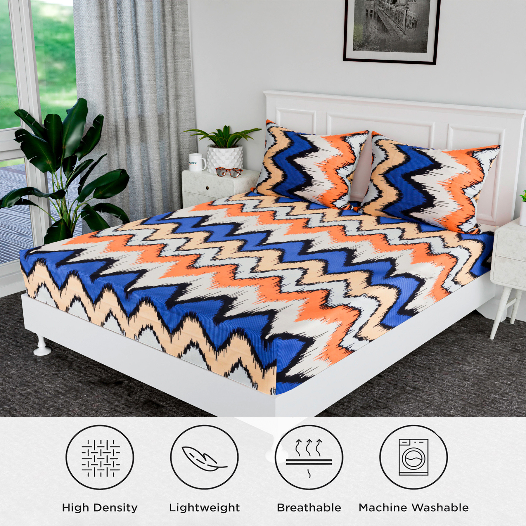 Kuber Industries Double Bedsheet | Premium Cotton Bedsheet with 2 Pillow Covers | Bedsheet for Bedroom | Bedsheet for Double Bed | ZIg Zag Box-Design Bedsheet | Multi