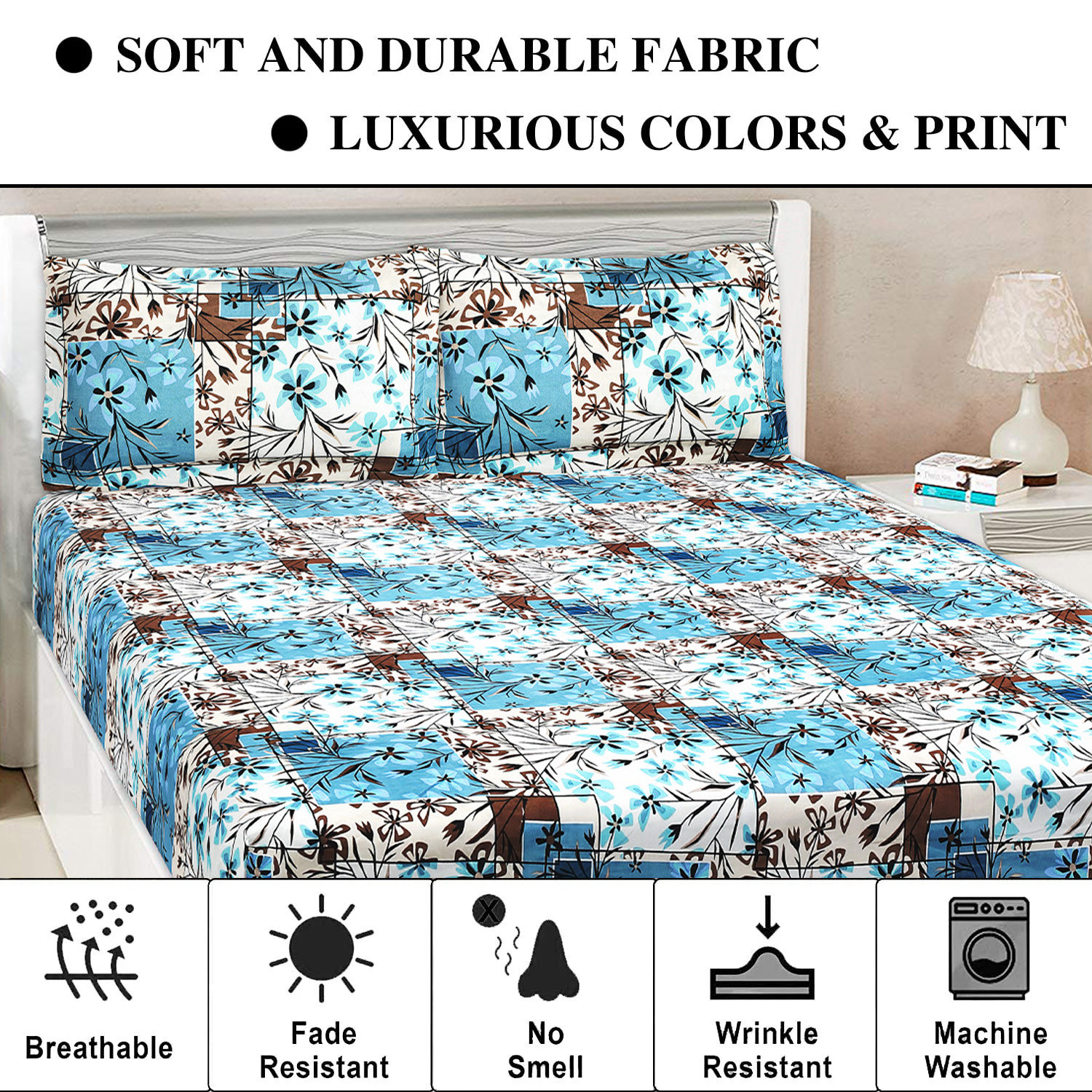 Kuber Industries Double Bedsheet with 2 Pillow Covers | 144 TC Glace Cotton Flower Check Print Bedsheet For Living Room | Bedroom | 90x100 Inch | Blue