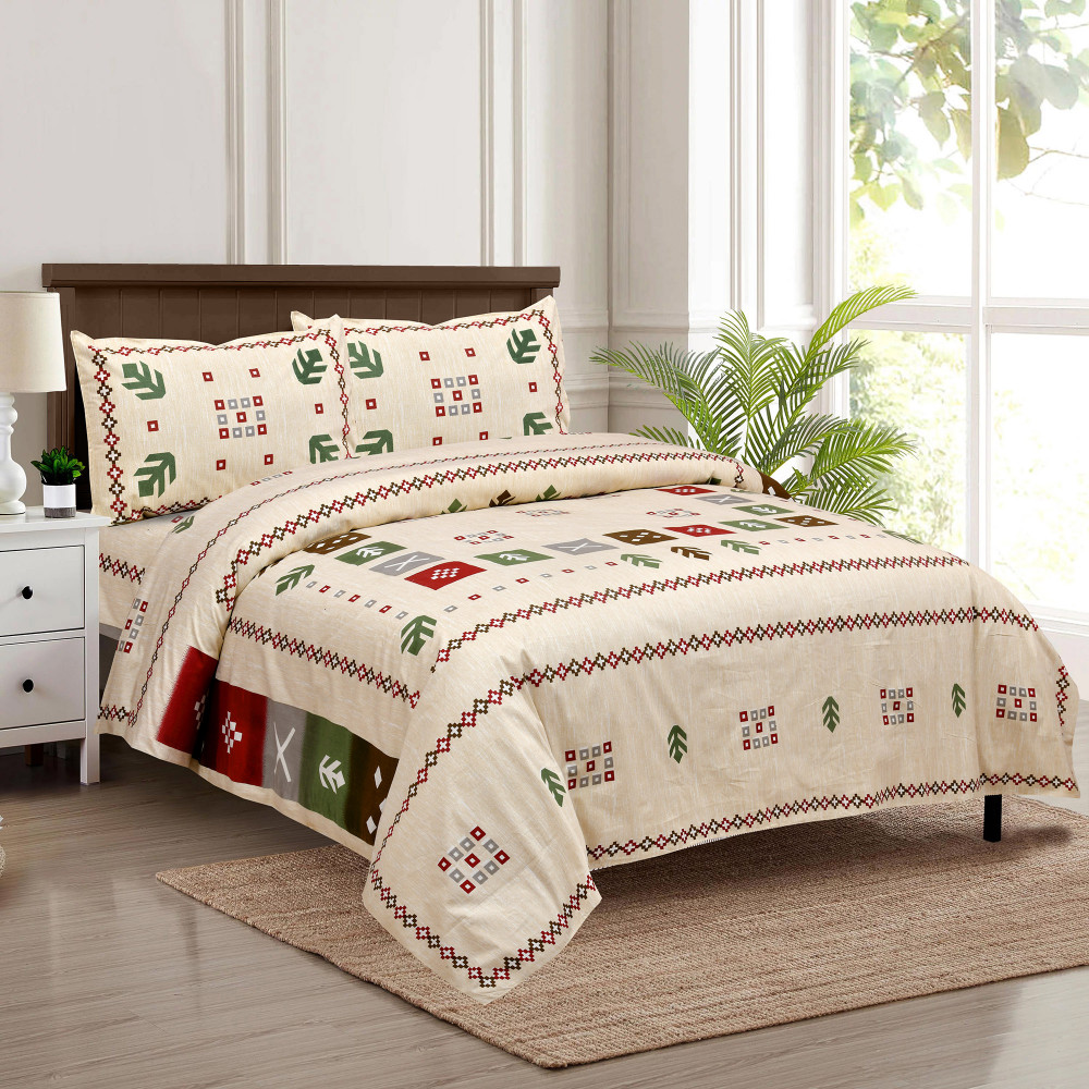 Kuber Industries Double Bedsheet with 2 Pillow Covers | 160 TC Premium Cotton Bedsheet for Double Bed | Bedsheet for Living Room-Home &amp; Hotels | Rusty Plus Border | 100x108 Inch | Cream