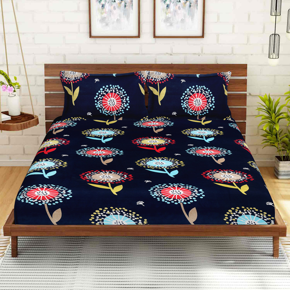 Kuber Industries Double Bedsheet|Floral Print Premium Glace Cotton Breathable Bedsheet With Two Pillow Covers,90&quot;x 100&quot;(Navy Blue)
