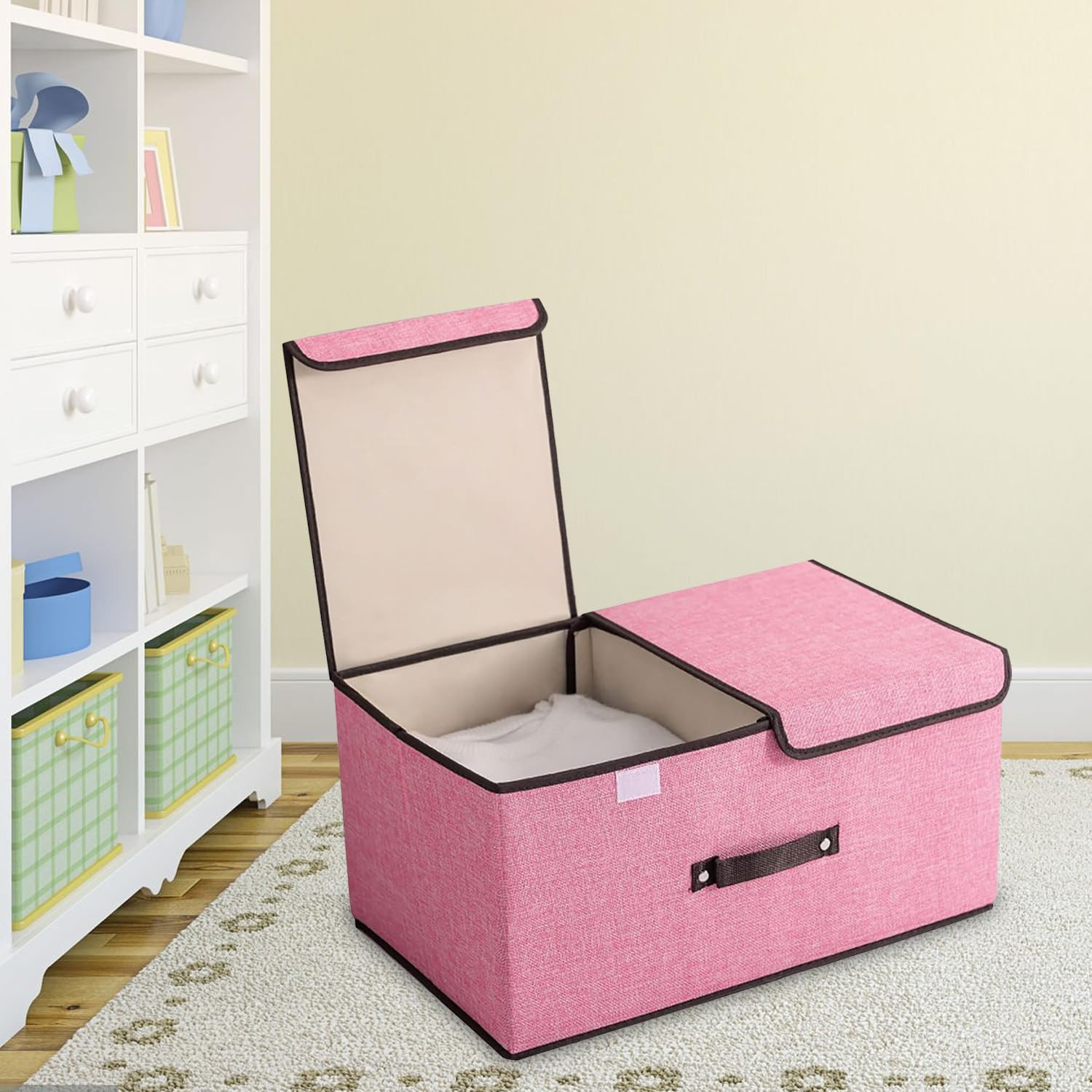 Kuber Industries Double Lid Foldable Storage Box|Toys Storage Bin|Wardrobe Organizer For Clothes|Front Handle & Stackable (Pink)