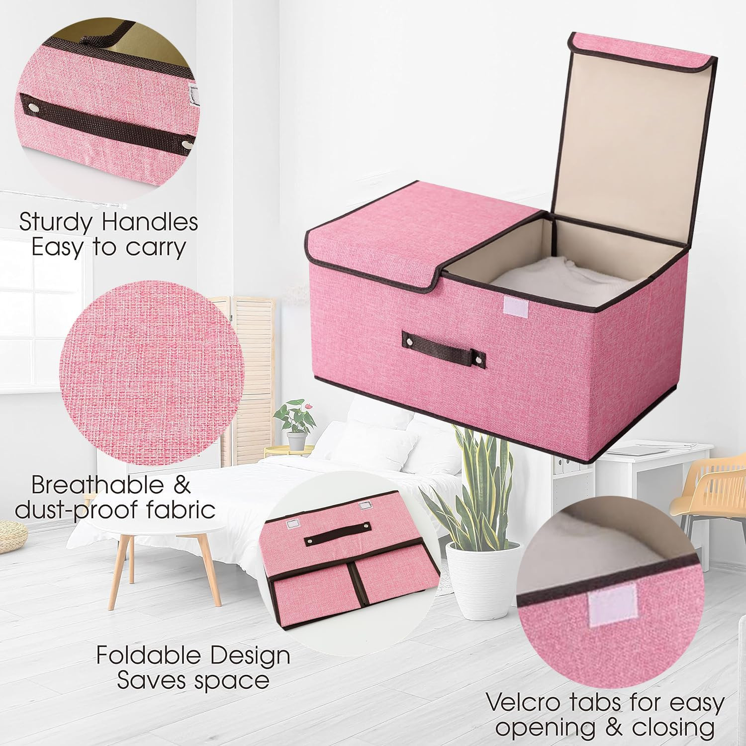 Kuber Industries Double Lid Foldable Storage Box|Toys Storage Bin|Wardrobe Organizer For Clothes|Front Handle & Stackable (Pink)