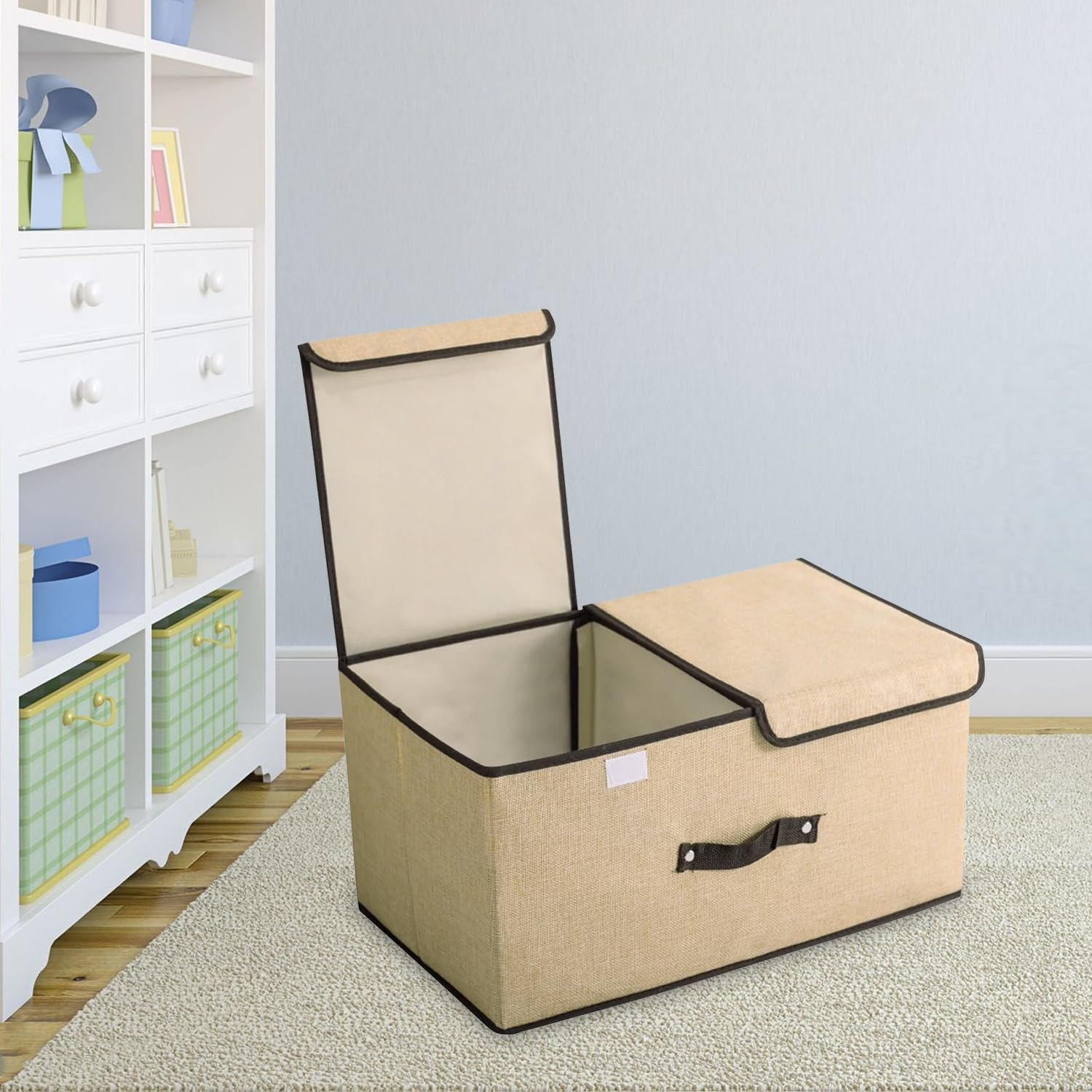 Kuber Industries Double Lid Foldable Storage Box|Toys Storage Bin|Wardrobe Organizer For Clothes|Front Handle & Stackable (Beige)