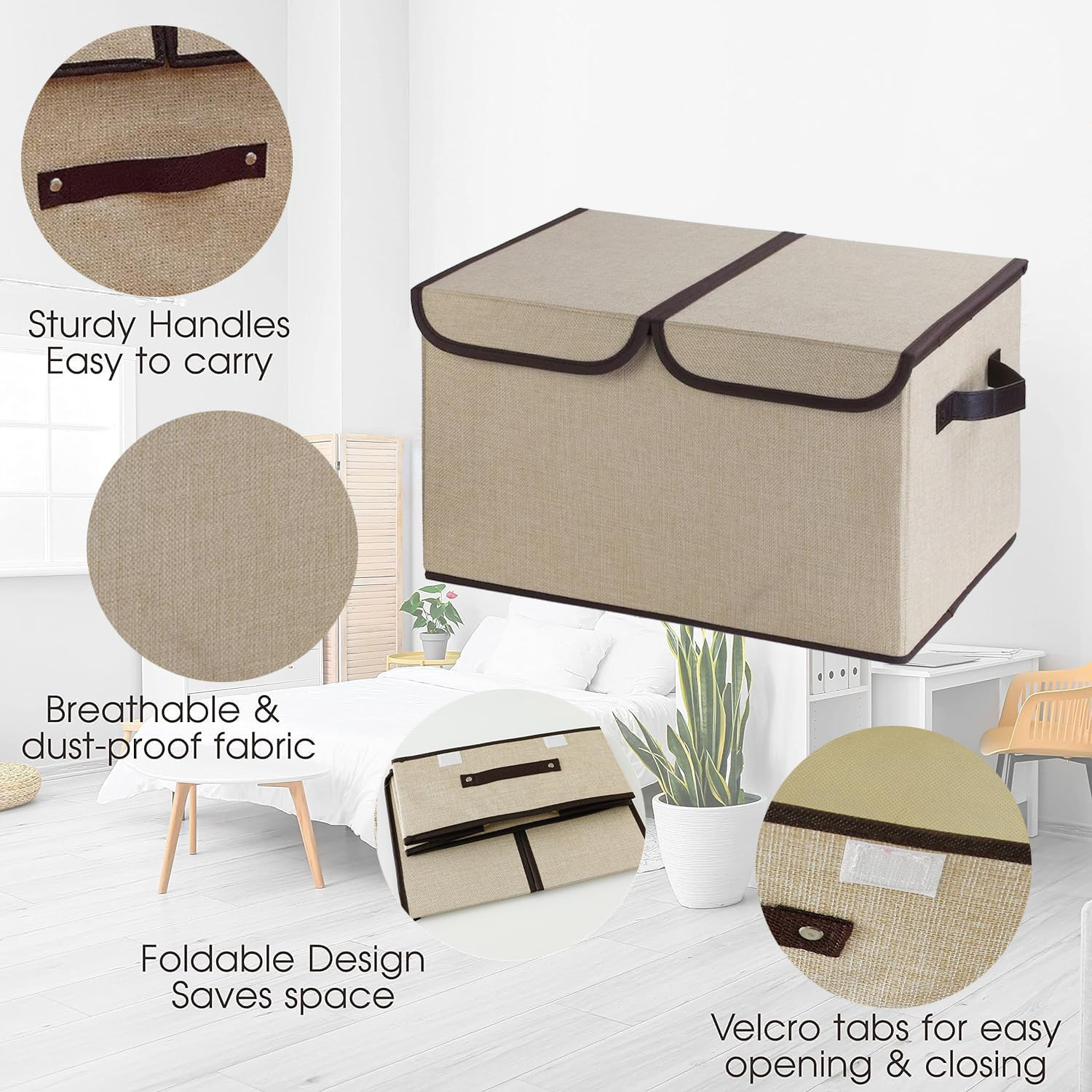 Kuber Industries Double Lid Foldable Storage Box|Toys Storage Bin|Wardrobe Organizer For Clothes|Front Handle & Stackable (Beige)
