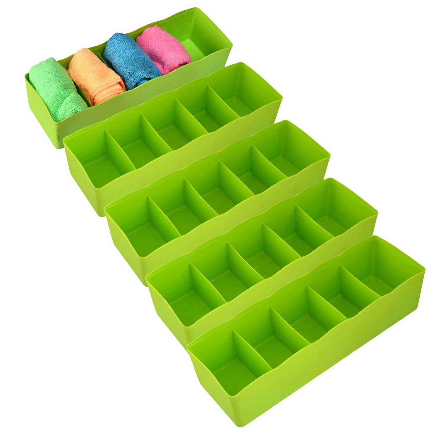 Kuber Industries Drawer Organizer | Plastic Undergarment Organizer for Socks-Ties | Stackable Drawer Divider Box | Closet Storage Box | 5 Grid Stationery Organizer|Green