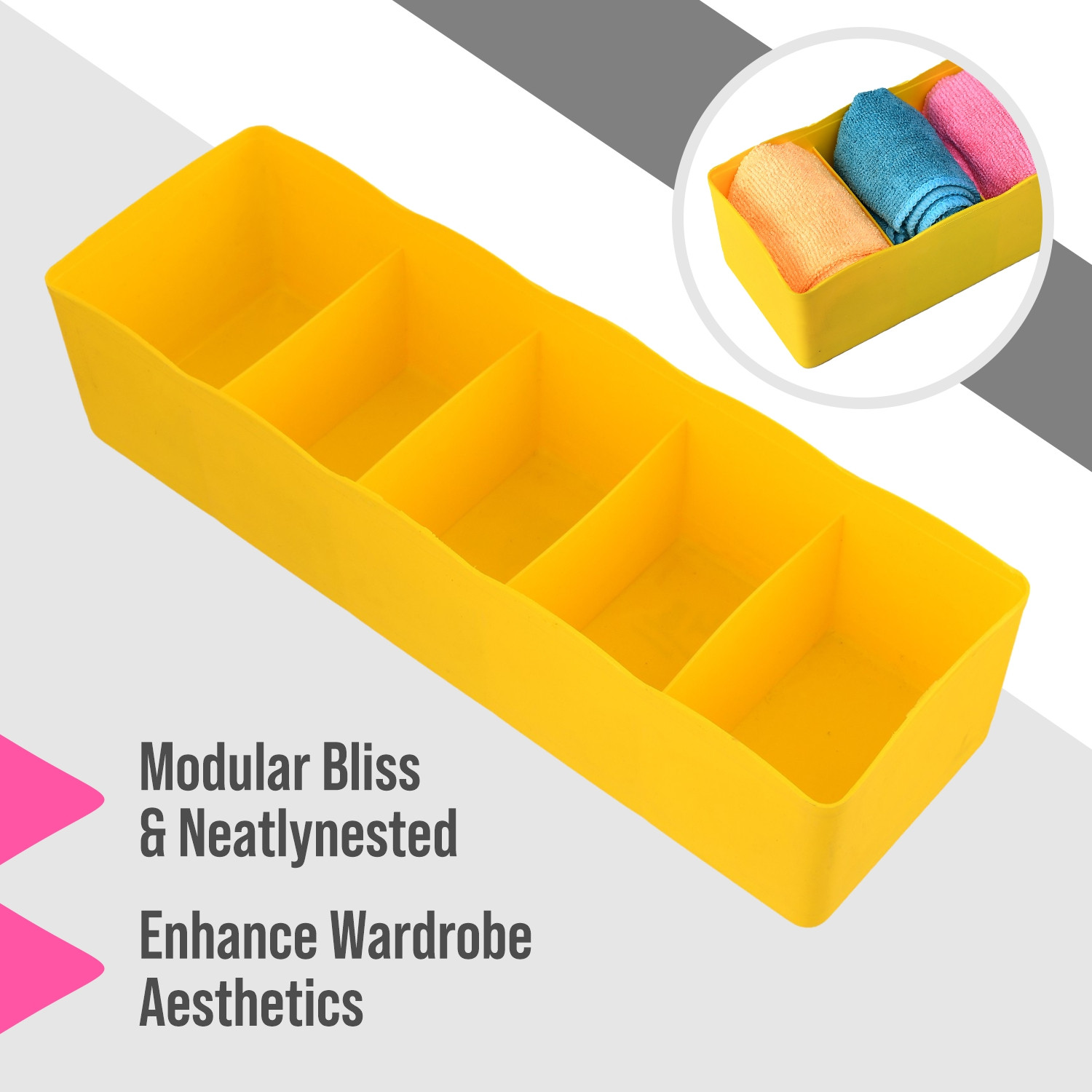 Kuber Industries Drawer Organizer | Plastic Undergarment Organizer for Socks-Ties | Stackable Drawer Divider Box | Closet Storage Box | 5 Grid Stationery Organizer |Yellow
