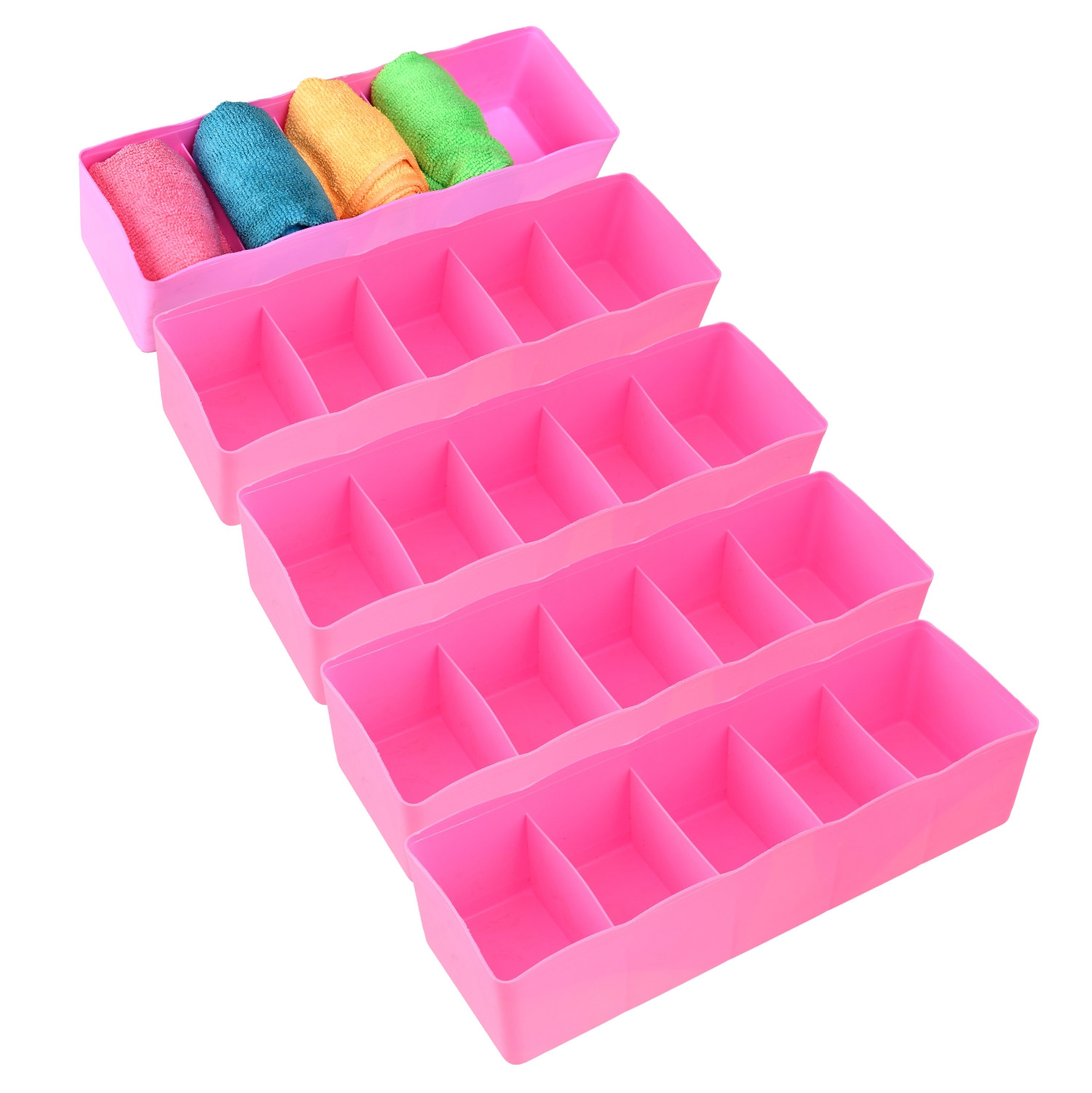 Kuber Industries Drawer Organizer | Plastic Undergarment Organizer for Socks-Ties | Stackable Drawer Divider Box | Closet Storage Box | 5 Grid Stationery Organizer |Pink