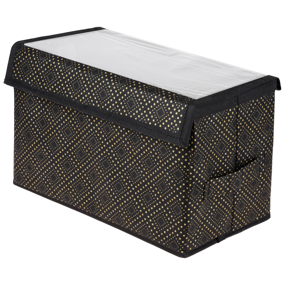 Kuber Industries Drawer Storage Box | Clothes Drawer Organizer with Handle | Transparent Lid with Velcro | Wardrobe Organizer for Books | Golden-Dot Dhakkan Storage Box | Medium | Black