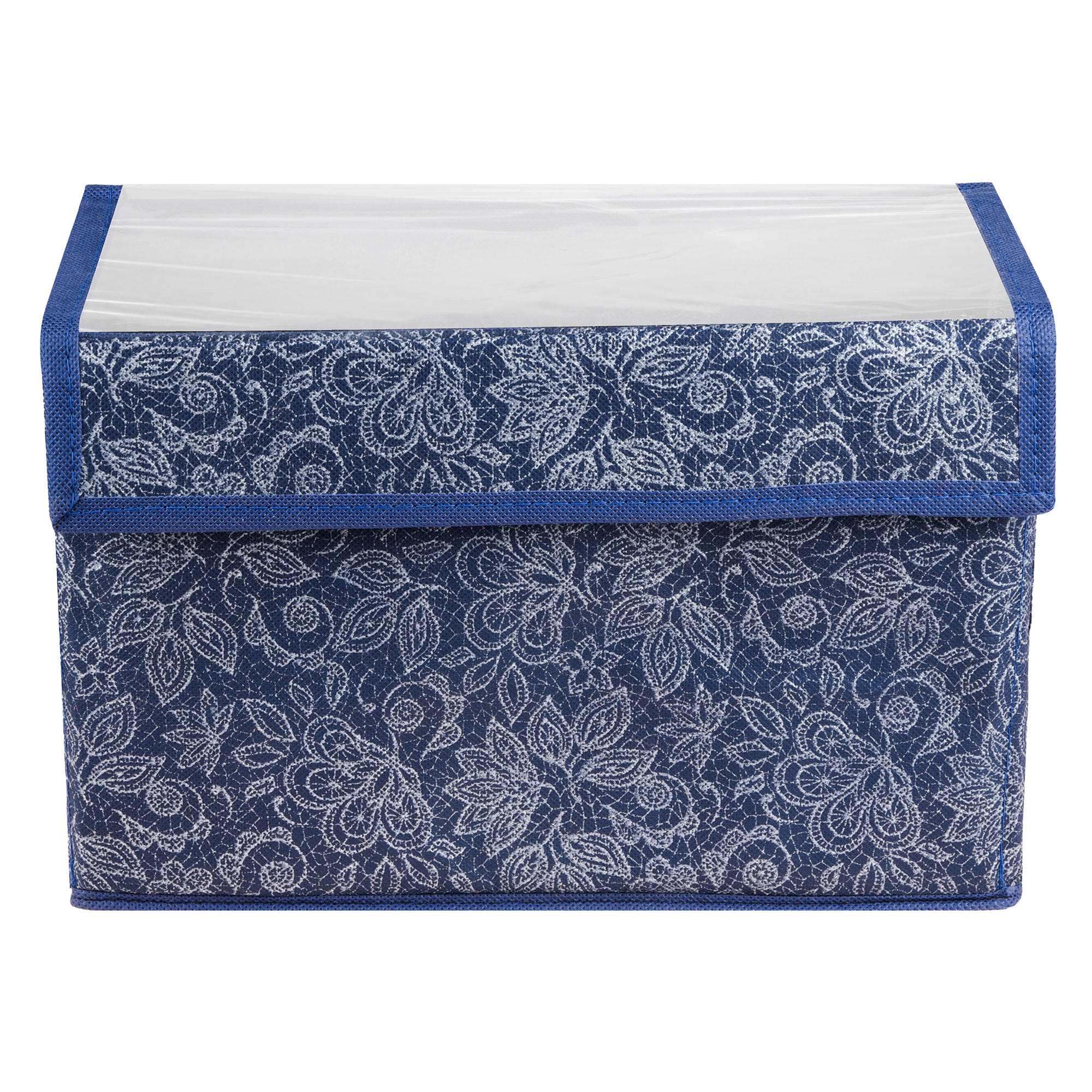 Kuber Industries Drawer Storage Box | Clothes Drawer Organizer with Handle | Transparent Lid with Velcro | Wardrobe Organizer for Books | Flower Printed Dhakkan Storage Box | Small | Navy Blue