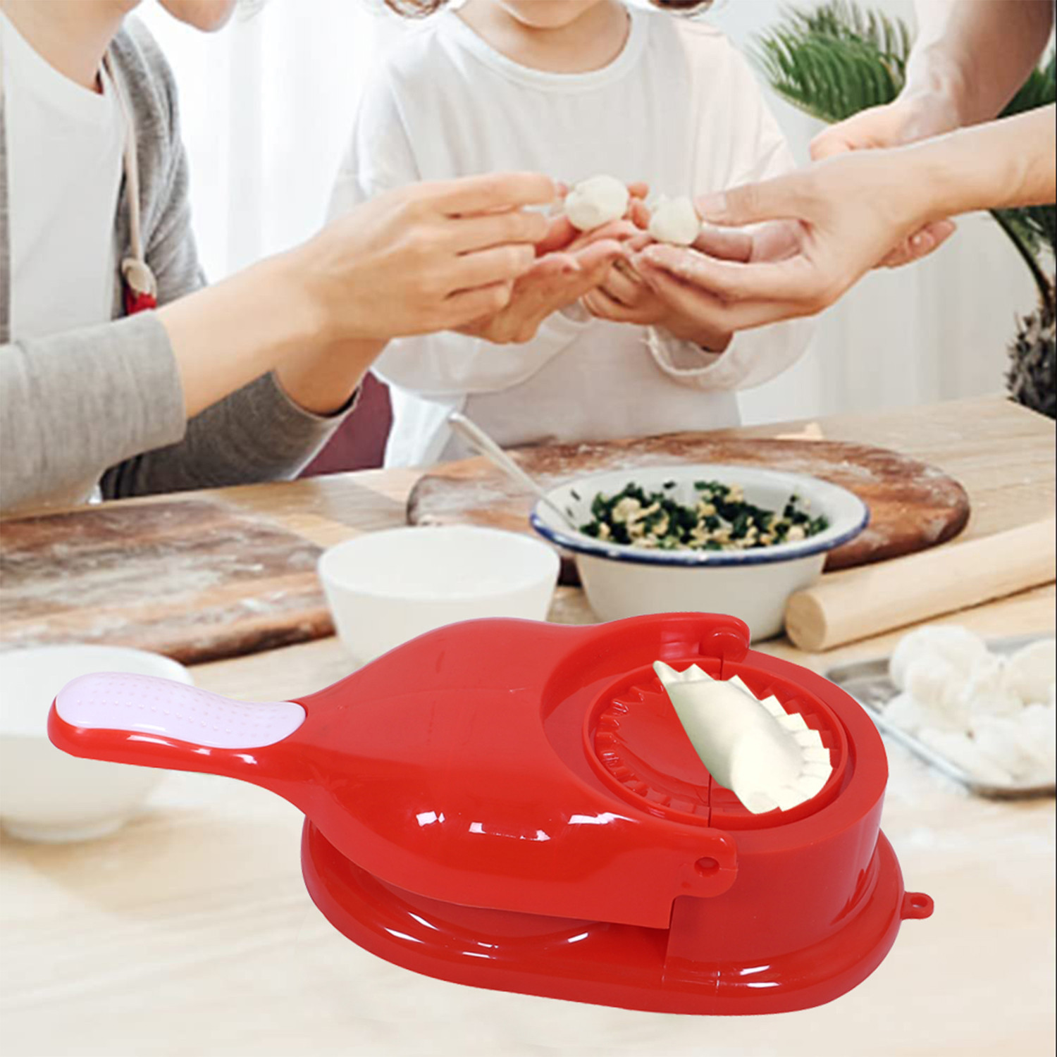 Kuber Industries Dumpling Maker | Plastic 2 in 1 Kitchen Dumpling Making Tool | Momos Maker Machine | Gujiya Maker | Manual Dumpling Maker | Red