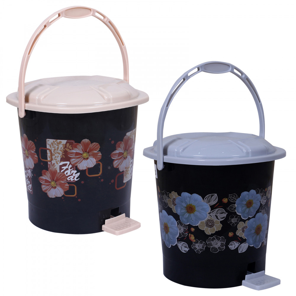 Kuber Industries Durable Floral &amp; Flower Print Plastic Pedal Dustbin|Waste Bin|Trash Can For Kitchen &amp; Home With Handle,7 Litre,Pack of 2 (Black)