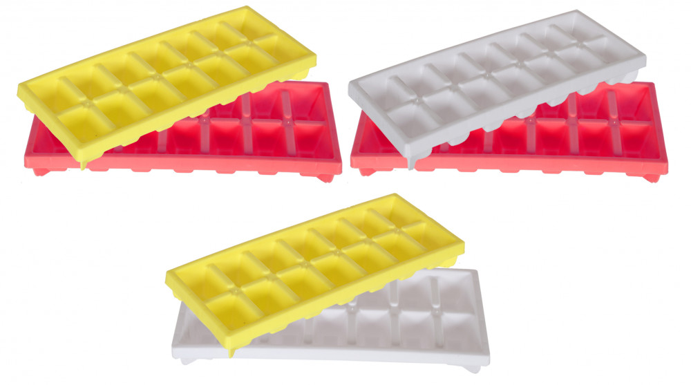 Kuber Industries Easy Release Ice Cube Tray Set - Durable Plastic Stackable Easy Twist 14 Cube Trays- Pack of 6 (Pink &amp; Yellow &amp; White)