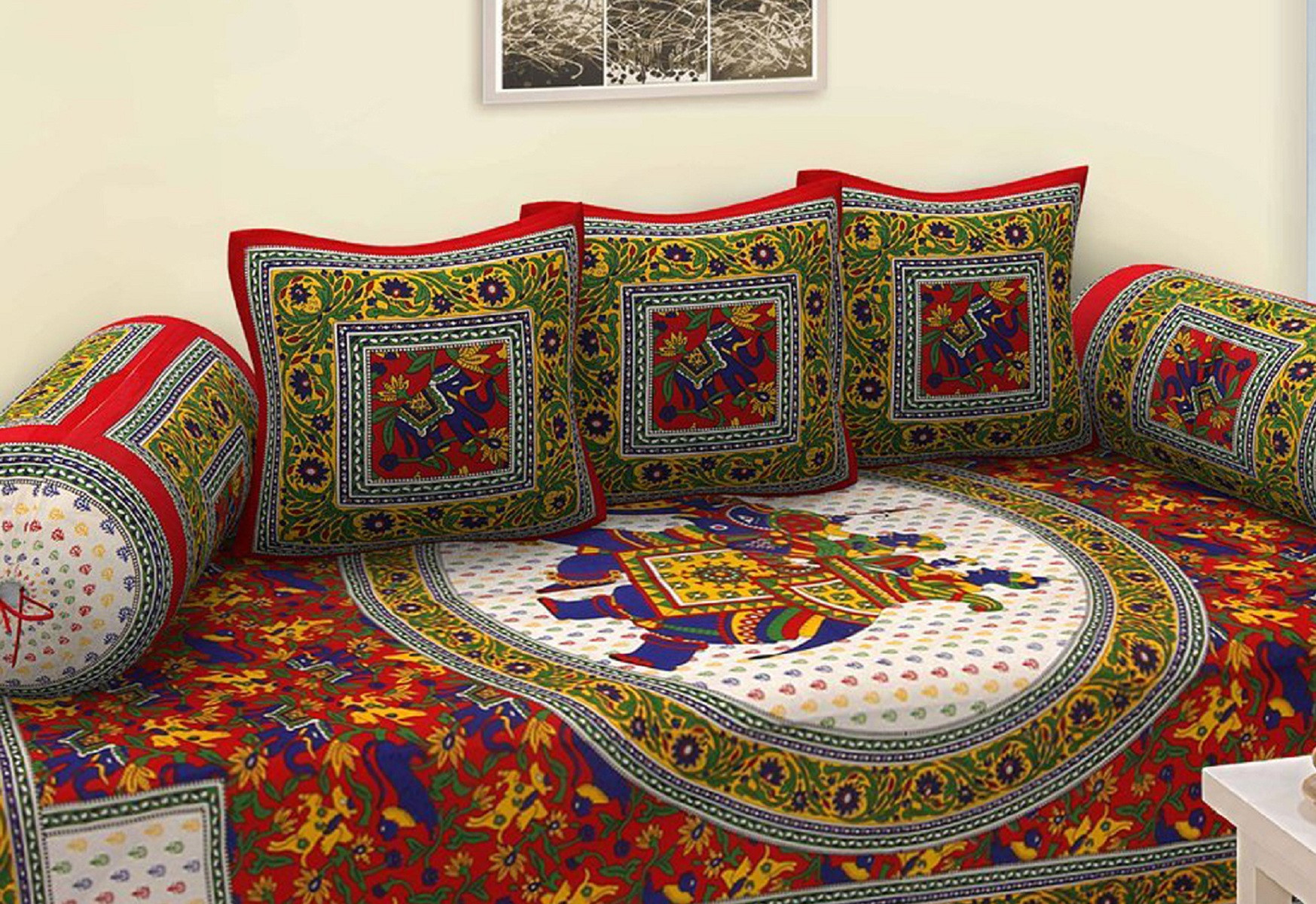 Kuber Industries Elegant Pattern Cotton Diwan Set With 6 Pieces (Red)