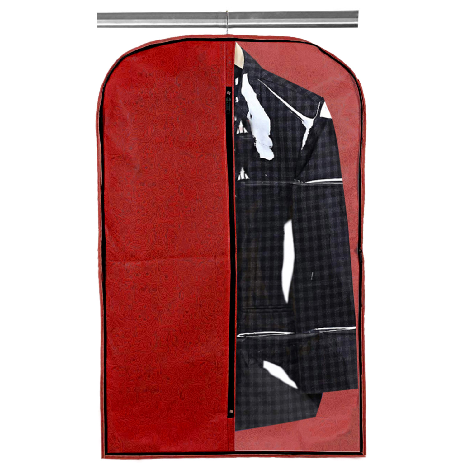 Kuber Industries Embossed Design Half Transparent Non Woven Men's Coat Blazer Cover (Red & Black)  -CTKTC42177