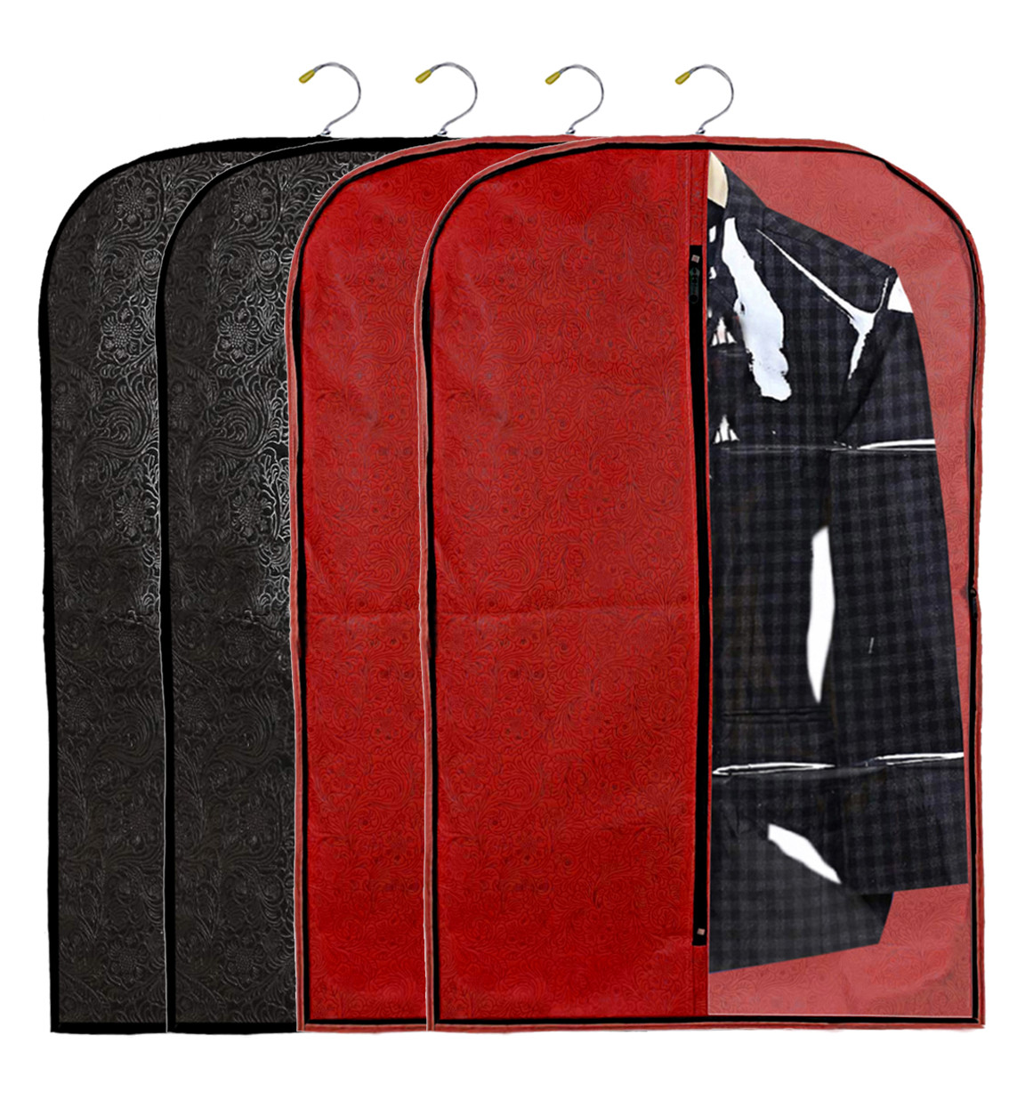 Kuber Industries Embossed Design Half Transparent Non Woven Men's Coat Blazer Cover (Red & Black)  -CTKTC42177