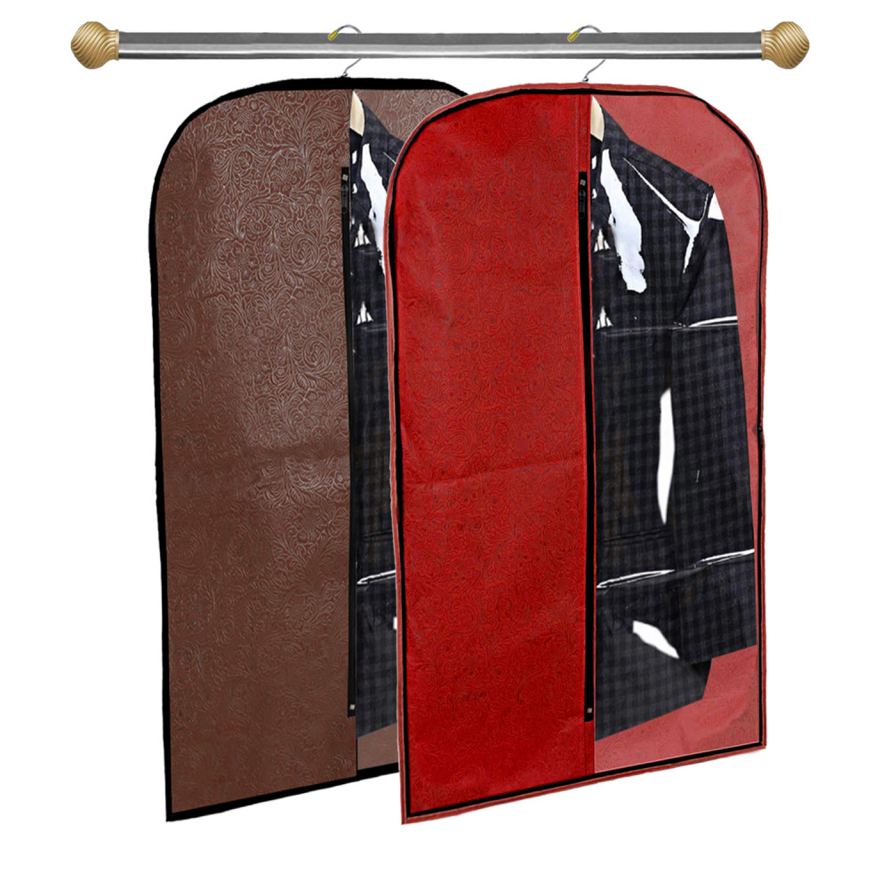 Kuber Industries Embossed Design Half Transparent Non Woven Men&#039;s Coat Blazer Cover (Red &amp; Brown)  -CTKTC42179