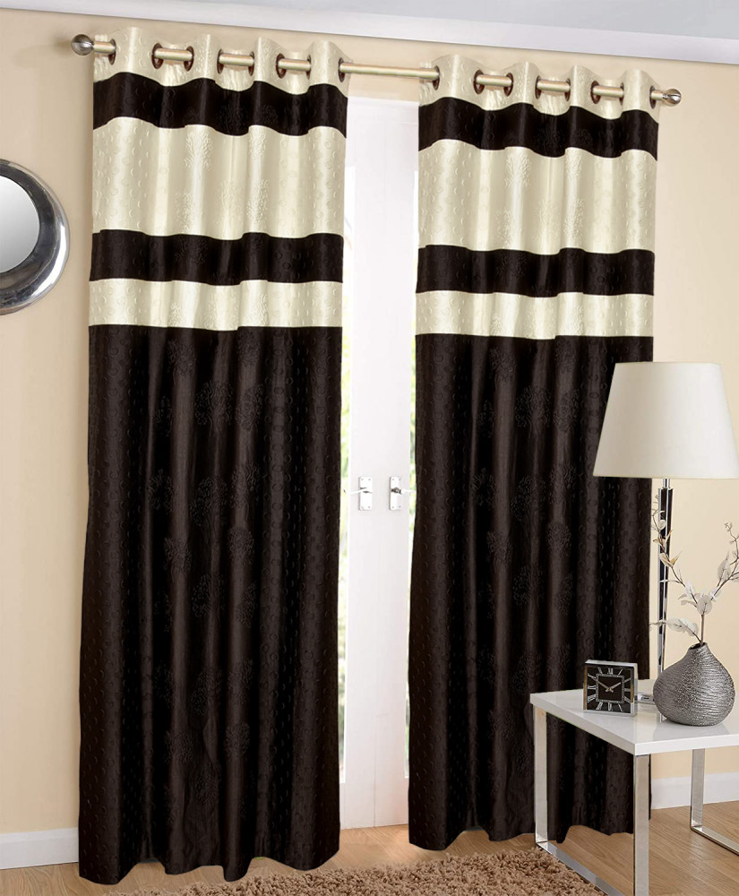 Kuber Industries Embossed Print Silk Room Darkening Blackout Door Curtain, 7 Feet (Brown &amp; Cream)
