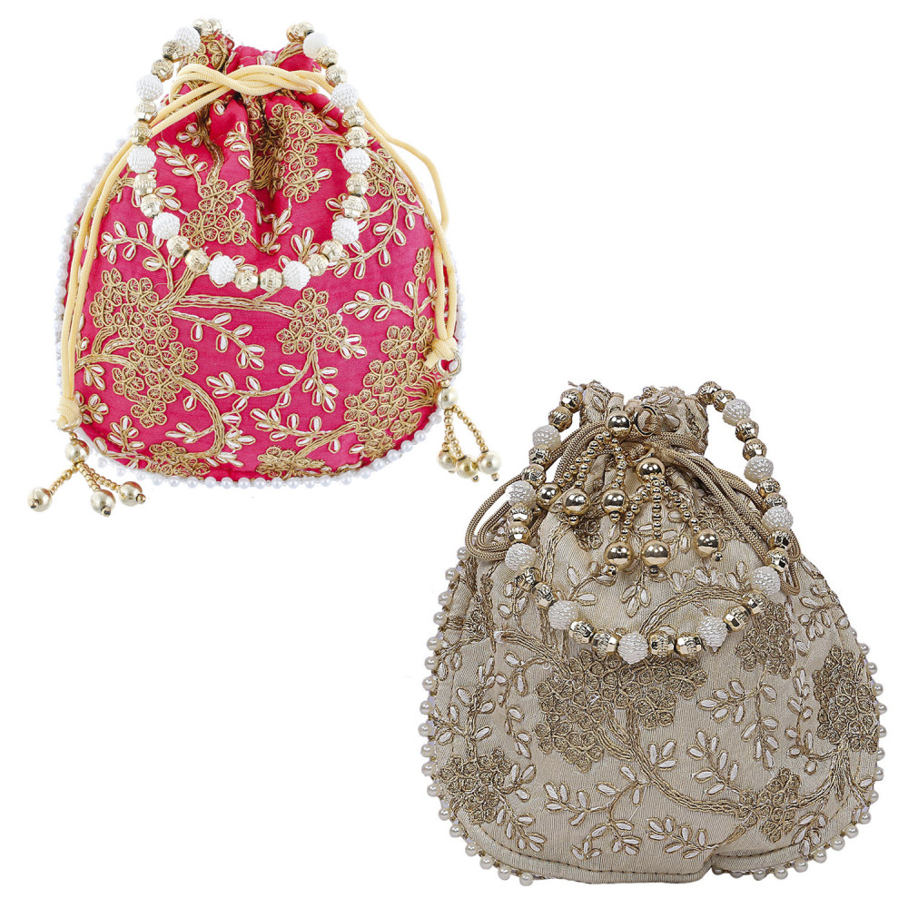 Kuber Industries Embroidery Drawstring Potli|Hand Purse With Gold Pearl Border &amp; Handle For Woman,Girls Pack of 2 (Pink &amp; Cream)