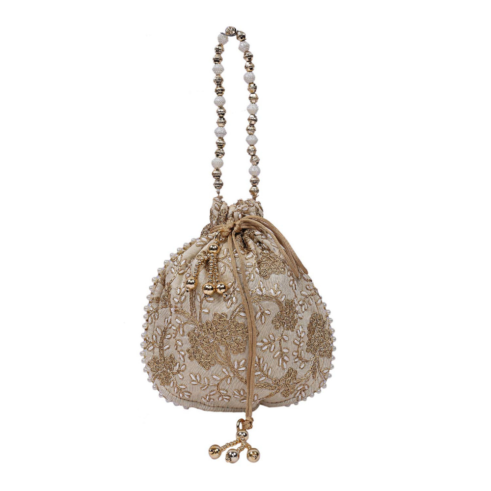 Kuber Industries Embroidery Drawstring Potli|Hand Purse With Gold Pearl Border &amp; Handle For Woman,Girls (Cream)