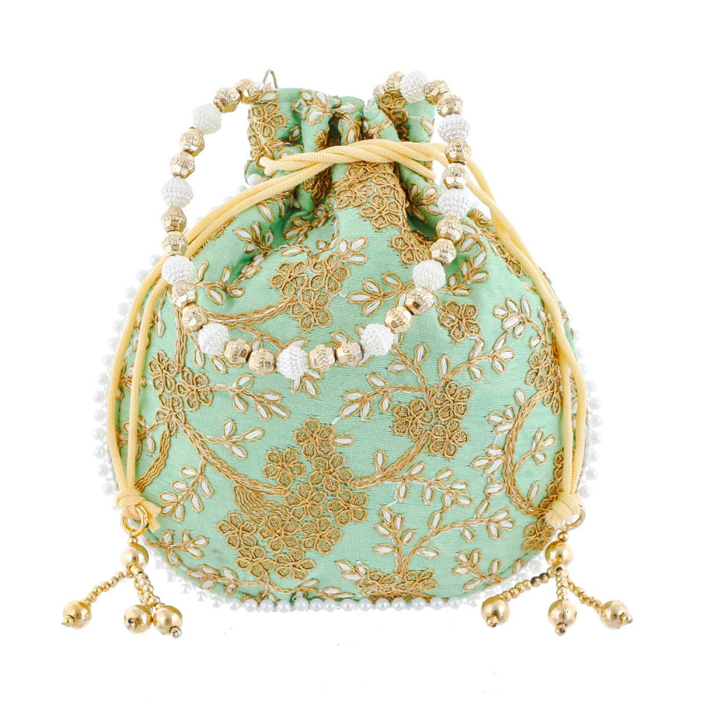 Kuber Industries Embroidery Drawstring Potli|Hand Purse With Gold Pearl Border &amp; Handle For Woman,Girls (Green)