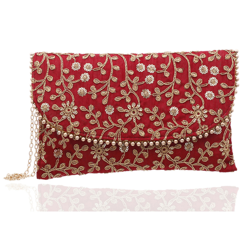Kuber Industries Embroidery Golden Pearl Border Clutch|Hand Purse &amp; Pearls Handle With Magnetic Lock For Woman,Girls (Maroon)