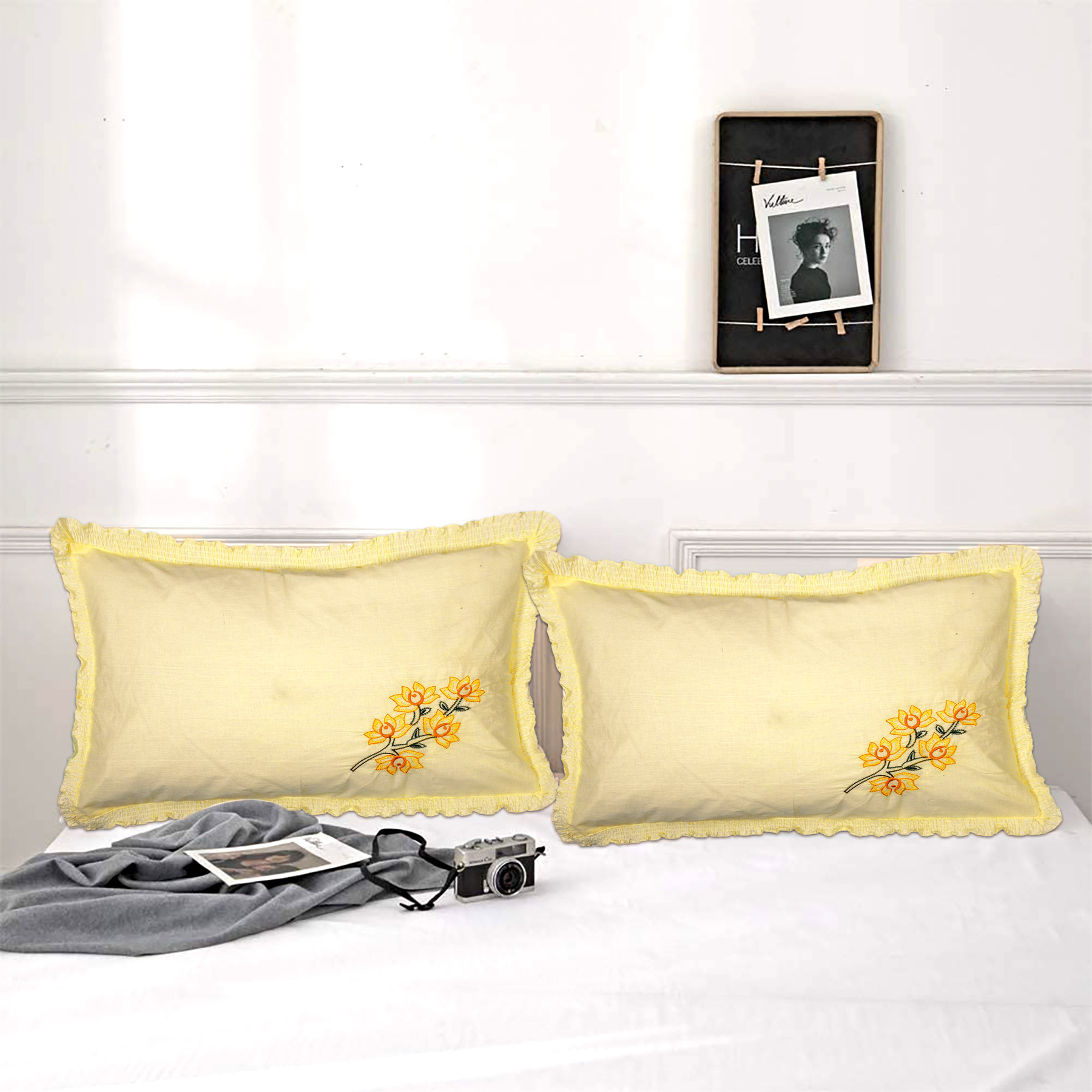 Kuber Industries Embroidery Pattern Breathable & Soft Cotton Pillow Cover For Sofa, Couch, Bed,(Yellow) 54KM4116
