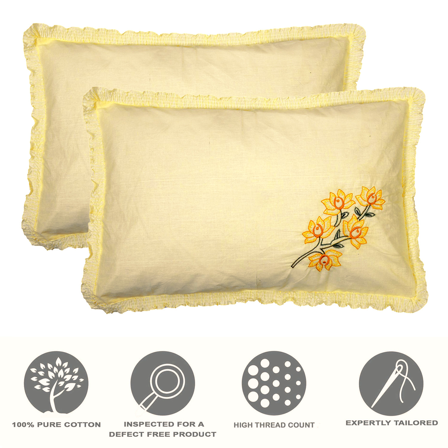 Kuber Industries Embroidery Pattern Breathable & Soft Cotton Pillow Cover For Sofa, Couch, Bed,(Yellow) 54KM4116