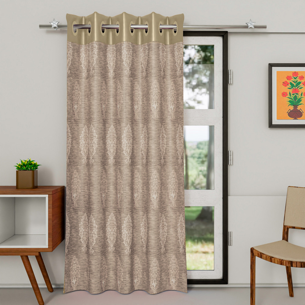 Kuber Industries Faux Silk Decorative 7 Feet Door Curtain | Damask Print Blackout Drapes Curtain With 8 Eyelet For Home &amp; Office (Cream)