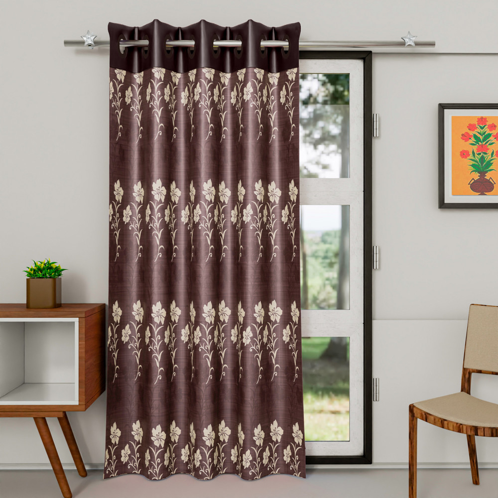 Kuber Industries Faux Silk Decorative 7 Feet Door Curtain | Floral Print Blackout Drapes Curtain With 8 Eyelet For Home &amp; Office (Coffee)