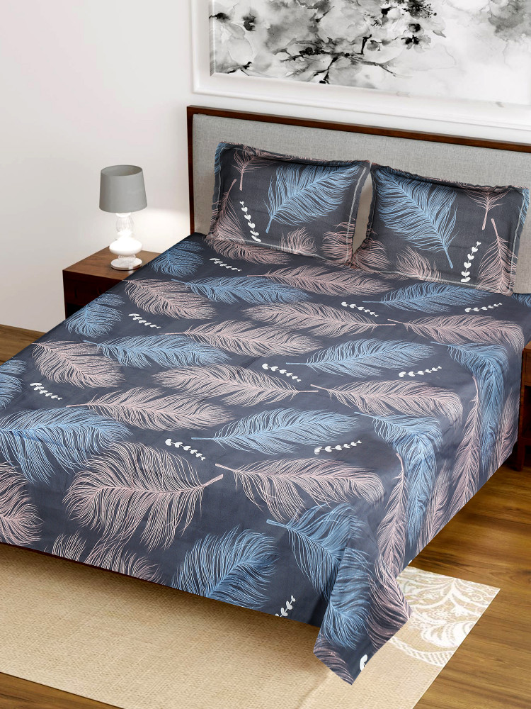 Kuber Industries Feather Printed Luxurious Soft Breathable &amp; Comfortable Cotton Double Bedsheet With 2 Pillow Covers (Ocean Green)-HS43KUBMART26831